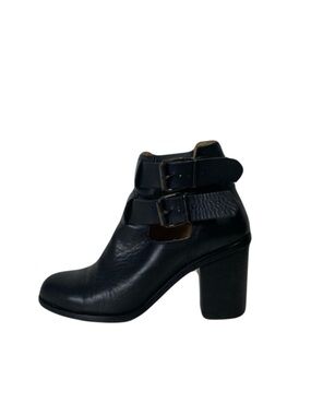 OFFICE LONDON Boots EU 37/US 7 Black Leather 2-Straps Buckle Stack Block Heel